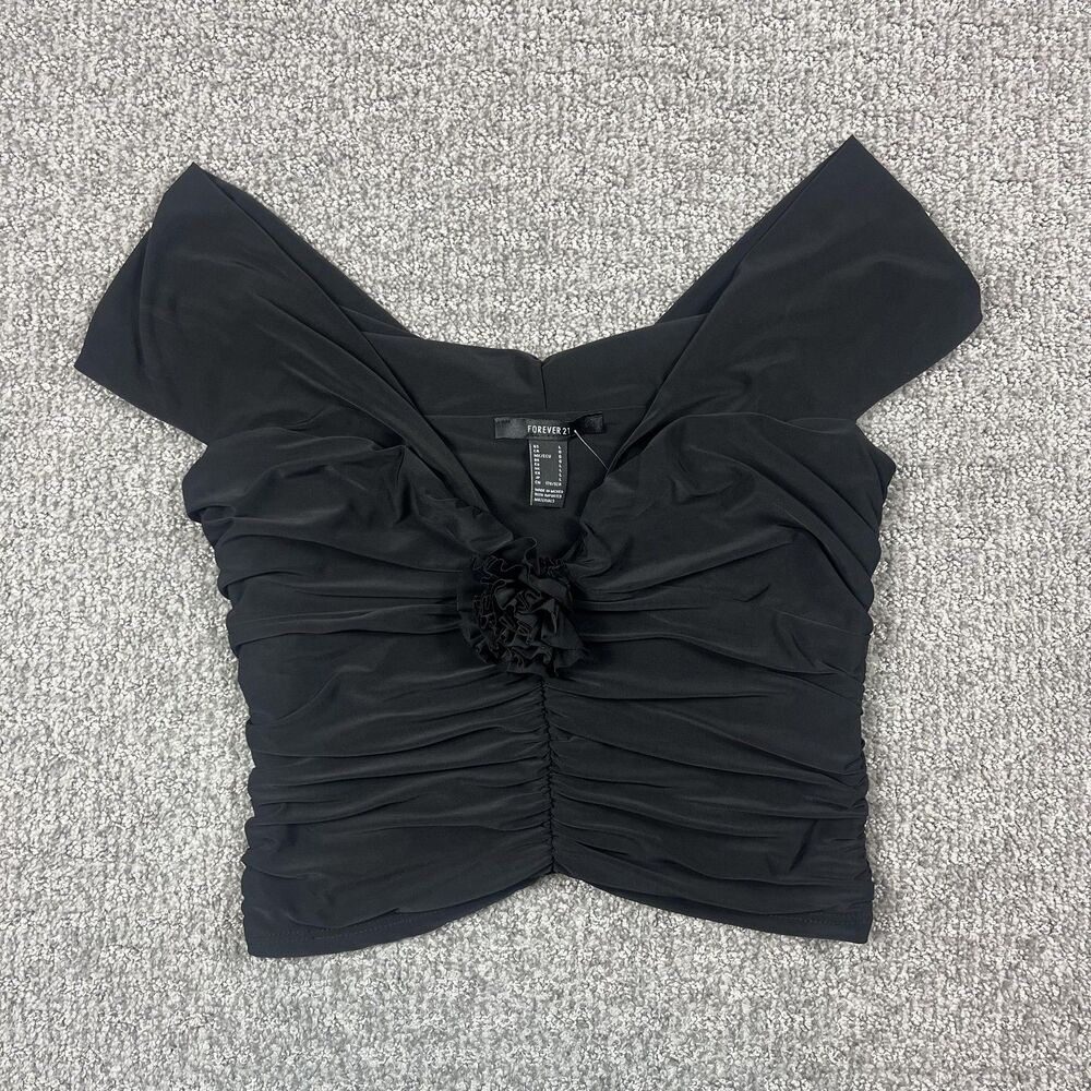 Forever 21 Top Womens Large Black Ruched Crop Party Corset Rose Whimsigoth Goth